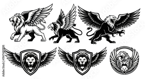 Black  White Line Art: Mythological Gryphons, Winged Lions, Emblems for Heraldry  Branding