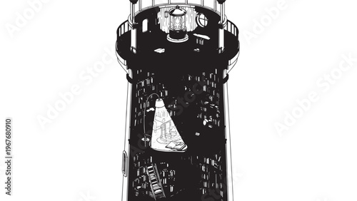 Tall lighthouse tower with a viewing platform and a conical roof against a clear sky.