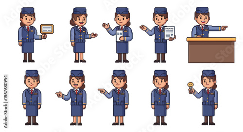 Flat Cartoon Vector Flight Attendant Female Character Poses Set for Aviation Industry