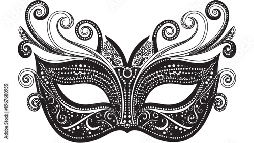 Intricate Black and White Venetian Mask with Elegant Swirls and Details for Costume or Celebration.