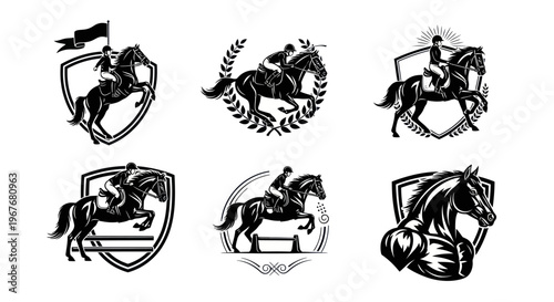Equestrian Horse Riding Sport Black and White Glyph Logos and Emblems Vector Set