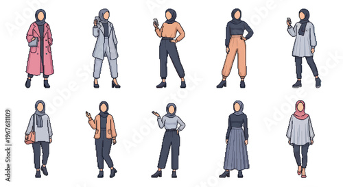 Diverse Muslim Women in Hijab Modest Fashion Outfits Flat Illustration