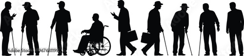 Senior men silhouette collection isolated on white background, elderly people standing, walking with cane and wheelchair, active aging concept illustration
