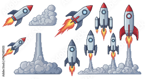 Technology Pixel Art Rockets and Spaceships Collection with Launch Smoke and Fire