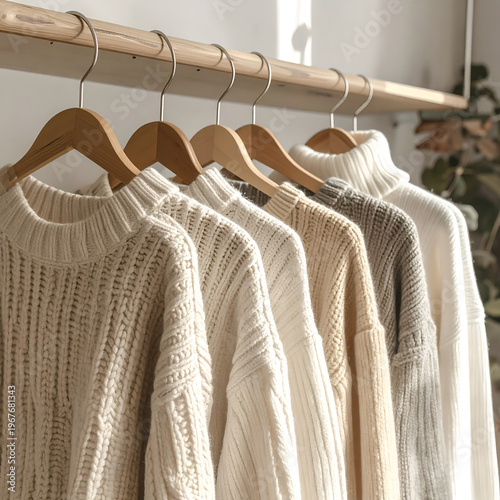 Cozy Sweaters Hanging on a Wooden Rack in a Closet.
