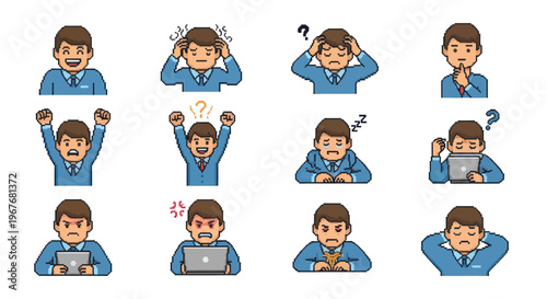 Flat Cartoon Vector Businessman Emotions  Reactions Set for Office Work and Technology