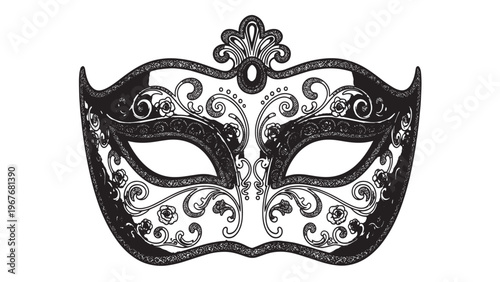 Elegant Black and Silver Venetian Mask with Intricate Detailing for Costume Parties.