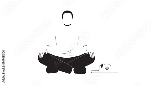 Minimalist Illustration of a Person Meditating in a Cross-Legged Pose with a Small Cat Nearby.