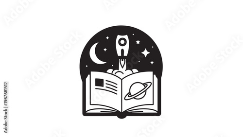 Illustration of a rocket launching from an open book with space elements in the background.