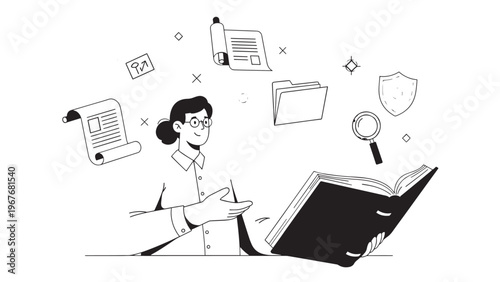 Young woman reading a book with floating icons representing knowledge and ideas.