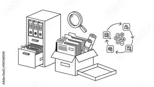 Office workspace with printers and filing cabinets for document management.