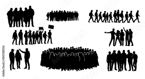 Political Protest Social Community People Crowds Silhouettes Vector Set