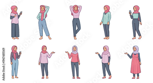 Diverse Muslim Women Poses and Lifestyle with Smartphones - Flat Vector Illustration