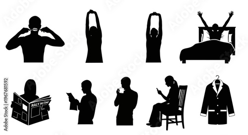 Lifestyle Daily Routine Silhouette Icons Set - Morning Habits and Activities