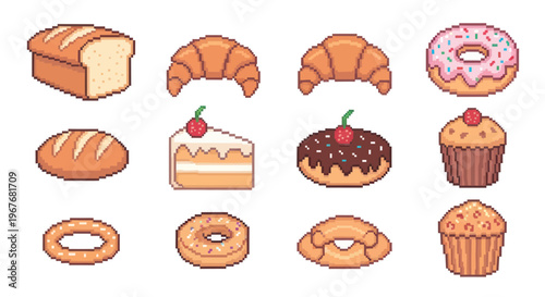 Pixel Art Bakery Food Icons: Collection of Bread, Pastries, Donuts, Cake, Muffins, Sweets