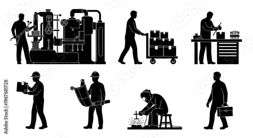 Industrial Professions Silhouette Icons Set - Manufacturing and Workforce Glyph Collection