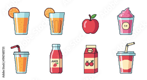 Food  Drink Pixel Art Icons: Juices, Smoothies, and Fruits Collection
