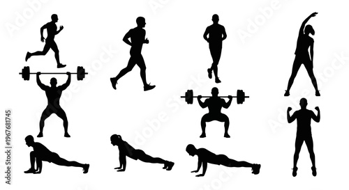 Fitness Exercise Workout Silhouettes Vector Set: Running, Weightlifting, Stretching, Push-ups