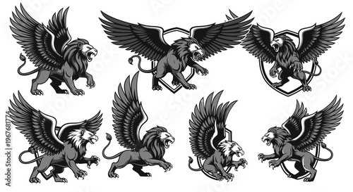 Mythology and Heraldry Winged Lion Black and White Vector Illustration Set