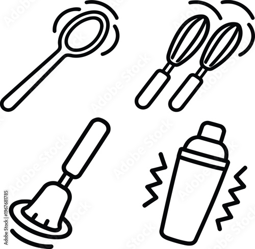 "Bartender Kitchen Tool Line Art Icon Set with Strainer Spoon, Whisk, Muddler and Cocktail Shaker — Bar Equipment and Culinary Utensils Concept Illustration"