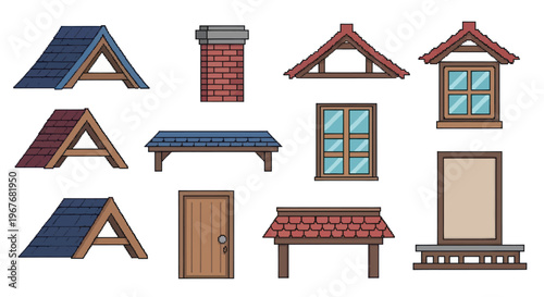 Cartoon Vector Architectural Building  House Elements Set