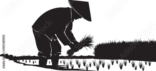 Farmer planting rice in a field with a serene landscape background