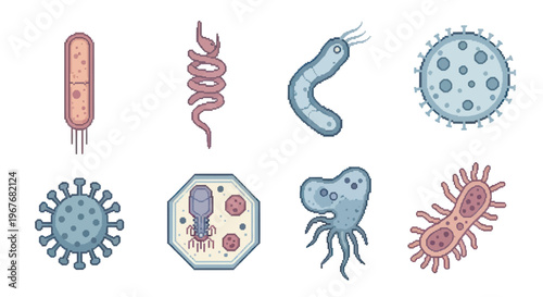 Microbiology Pixel Art Icons: Diverse Bacteria, Viruses, and Microorganisms Collection