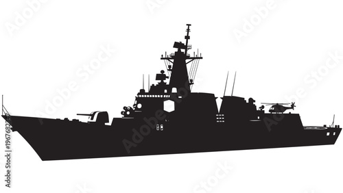 Silhouette of a Military Warship Navigating Open Waters.