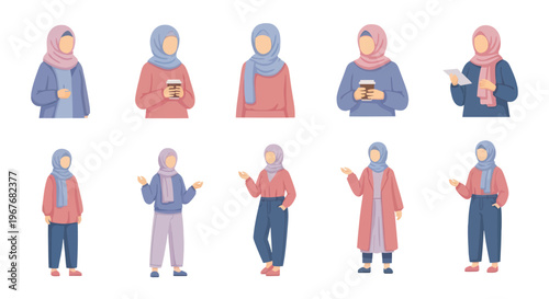 Diverse Muslim Women in Hijab Characters Flat Vector Illustration Set for Lifestyle  Culture
