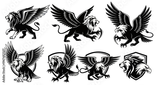 Black  White Line Art Griffin and Winged Lion Mythical Heraldry Mascot Vector Set