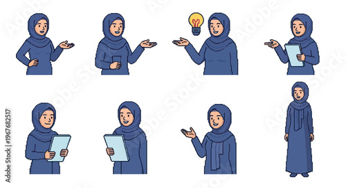 Flat Cartoon Professional Muslim Woman Character Set for Business  Education Vector Art