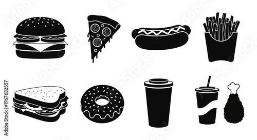Fast Food and Drink Glyph Icons Set. Black and White Vector Silhouette Collection.
