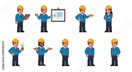Pixel Art Engineering  Construction Worker Character Set with Multiple Poses