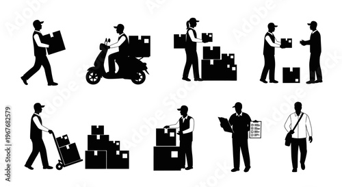 Logistics Delivery Service Workers and Couriers Black Silhouette Vector Icons