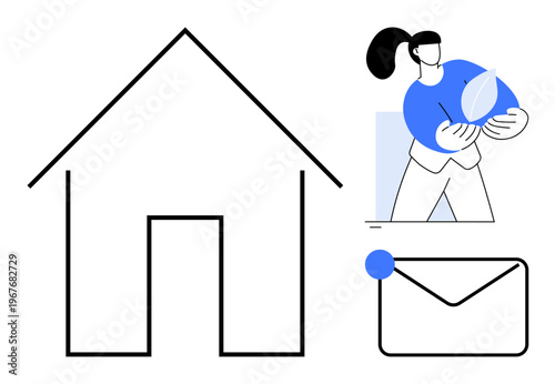 Eco-friendly lifestyle, environmental awareness, sustainability, green living, home ownership, personal connection. Simple house line icon, woman holding leaf envelope icon. Environmental awareness
