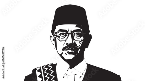 Stylish Black and White Portrait of a Man Wearing Glasses and Traditional Attire.