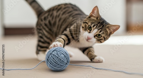 Tabby cat playing with blue yarn ball indoors