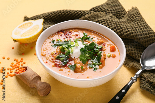 Bowl of tasty lentil soup w...