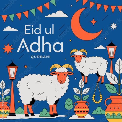 “Traditional Qurbani Festival Illustration with Goat and Lanterns for Eid al-Adha”