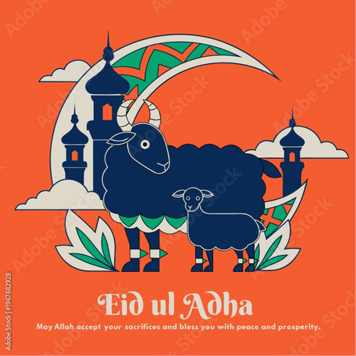 “Traditional Qurbani Festival Illustration with Goat and Lanterns for Eid al-Adha”
