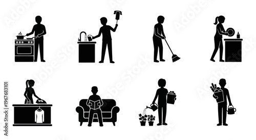 Household Chores Glyph Icons Set - People Doing Domestic Activities and Home Tasks