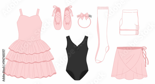 Illustrated Collection of Pink Tutu Dress Black Leotard Ballet Slippers and Accessories.
