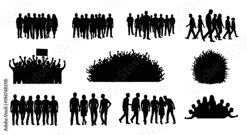 Diverse People Group, Crowd, and Protest Silhouettes - Society  Business Vector Collection