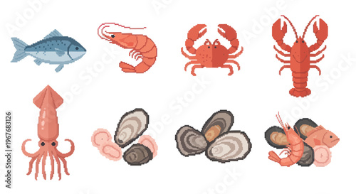 Food Niche Flat Pixel Art Seafood and Shellfish Collection Icon Set