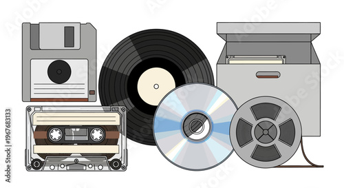 Vintage Media Storage Devices Illustration in Retro Style.