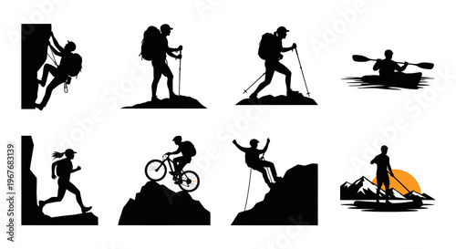 Black and White Outdoor Adventure Sports Silhouettes Vector Set - Hiking, Kayaking, Biking, Climbing