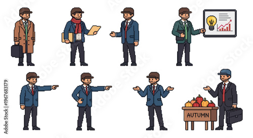 Pixel Art Business Men Characters Set - Professional Poses, Presentations, Autumn Theme Vector