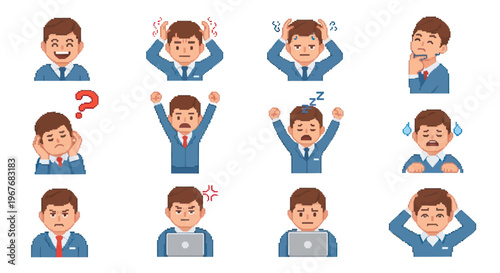 Flat Vector Business Man Emotions Set - Diverse Office Worker Expressions  Mental States