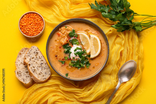 Bowl of tasty lentil soup w...
