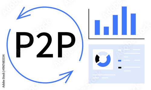 P2P concept. Peer-to-peer networks empowering decentralized data exchange. P2P with statistical insights thumbs up bar graphs and charts. For fintech, blockchain, analytics, data sharing